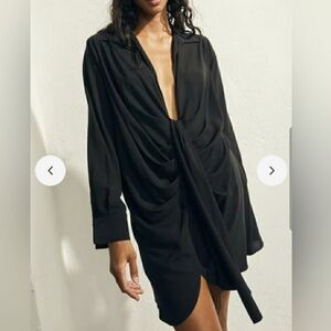 Liberica Black Mini Plunge Neckline Long Sleeve Ruched Dress Size Small